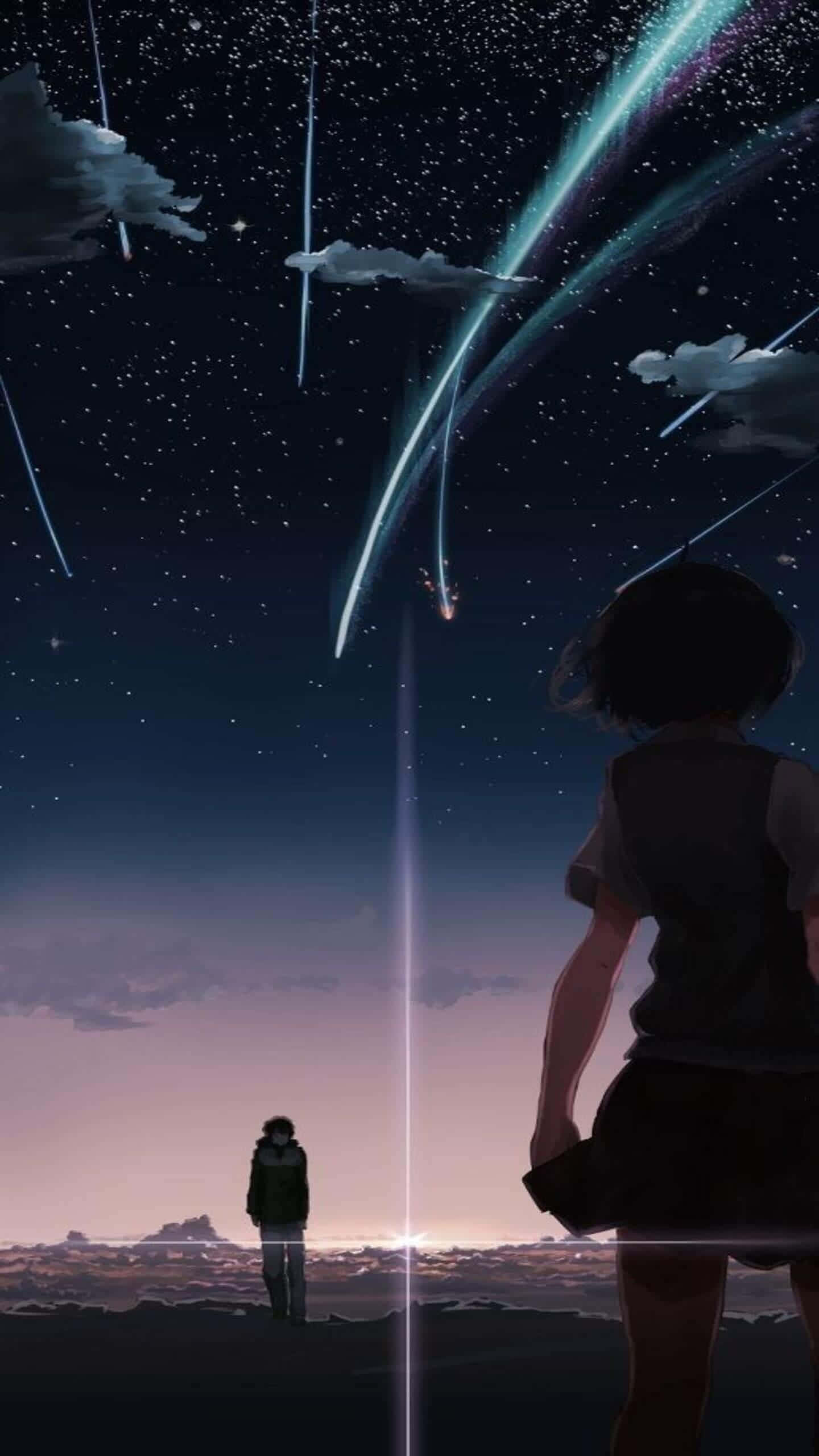 Depressing 桌布 壁紙 — 兩個身影仰望遠方地平線之上，流星劃過的星空夜空。