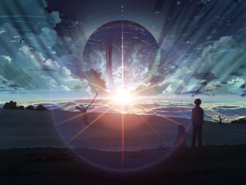 World 桌布 壁紙 — 兩個身影凝視著一個發光的宇宙球體，在沐浴著光芒的超現實景觀上升起。