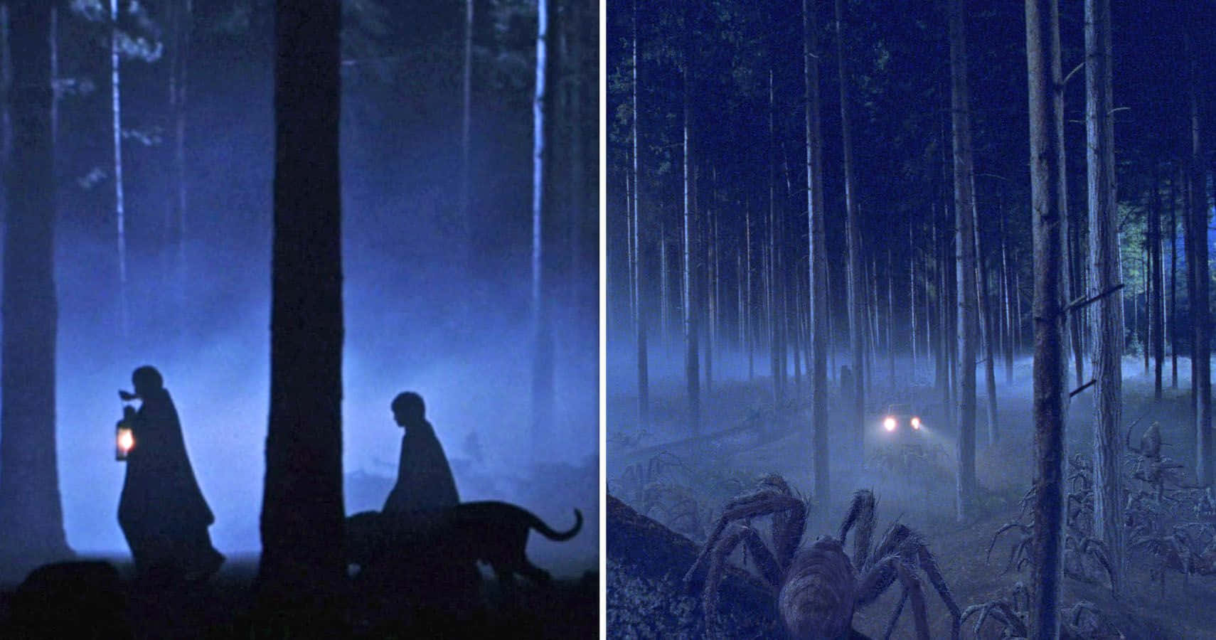 The Forbidden Forest 桌布 壁紙 — 兩個身影和一隻狗在夜晚穿過迷霧籠罩的藍色森林，而巨型蜘蛛潛伏在陰影中。