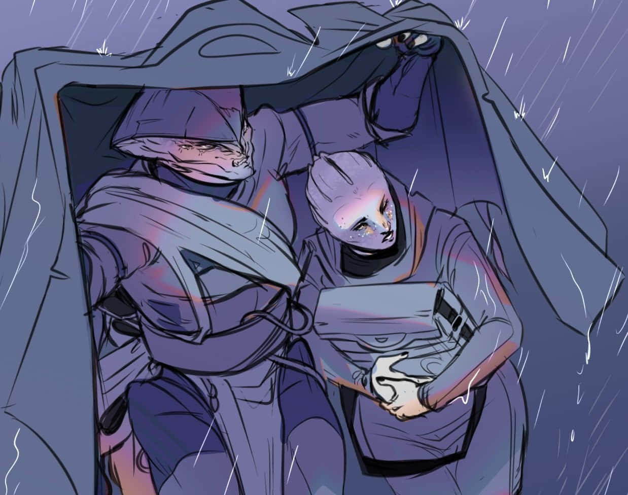 Mass Effect Javik 桌布 壁紙 — 兩個身影在傾盆大雨中擠在破爛斗篷下，其中一人懷抱著一個小盒子，雨水在深紫色天空中劃出條紋。