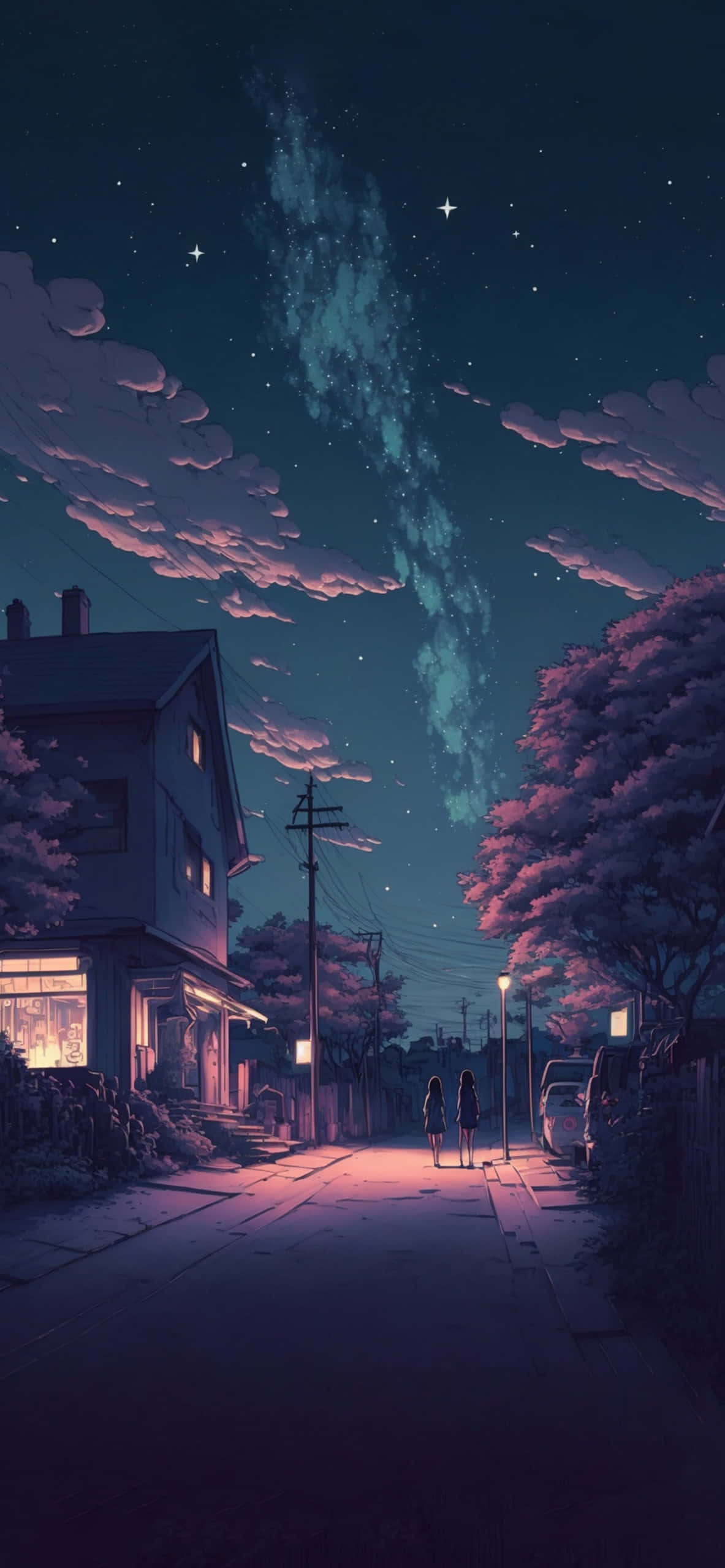 動漫風格 桌布 壁紙 — 兩個身影在夜晚的寧靜街道上行走，頭頂是繁星點點的天空，伴隨著發光的紫色雲彩和一道璀璨的宇宙流。