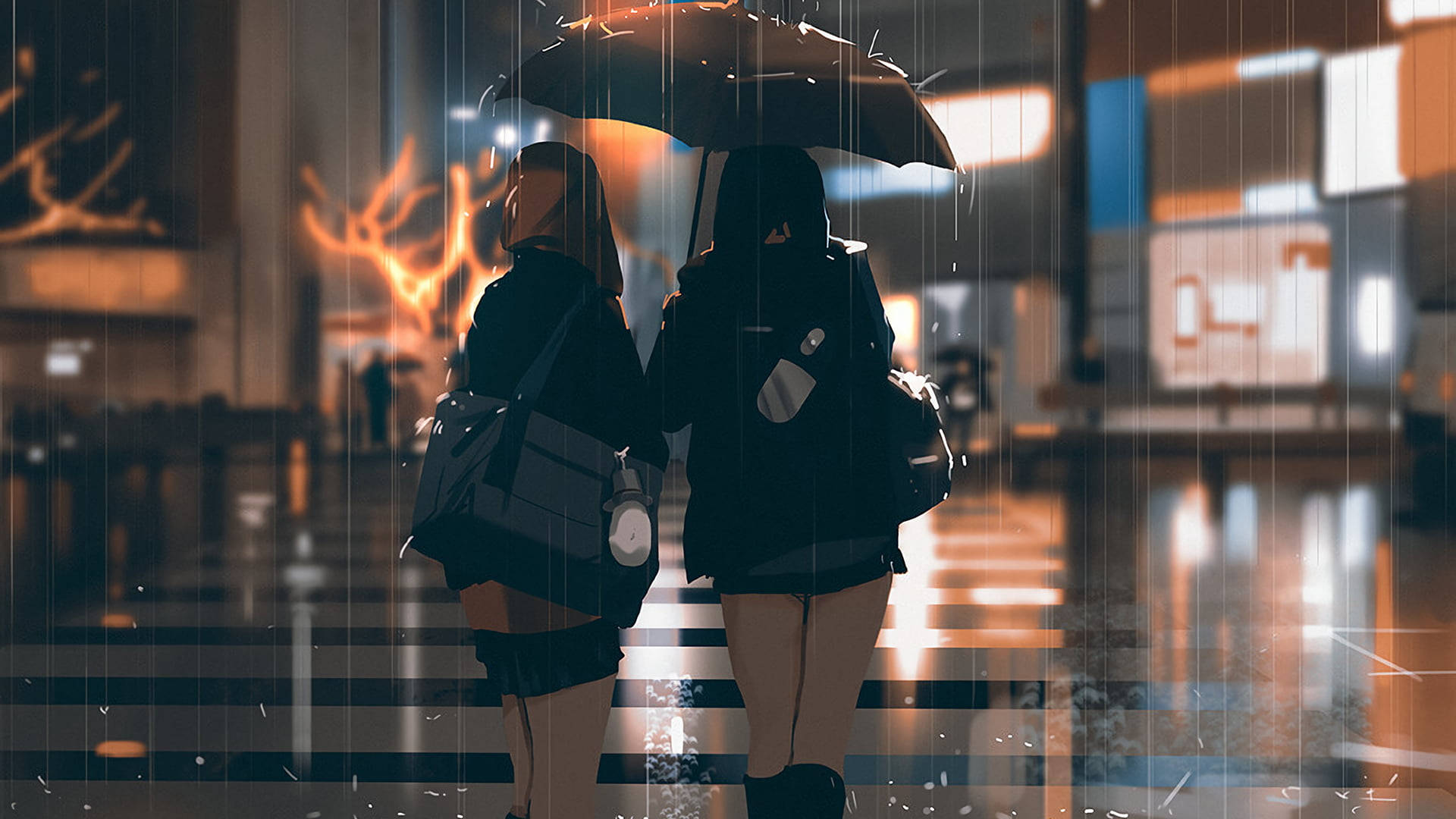 Umbrella 桌布 壁紙 — 兩個身影在夜晚的雨中霓虹燈城市街道上共用一把傘行走。