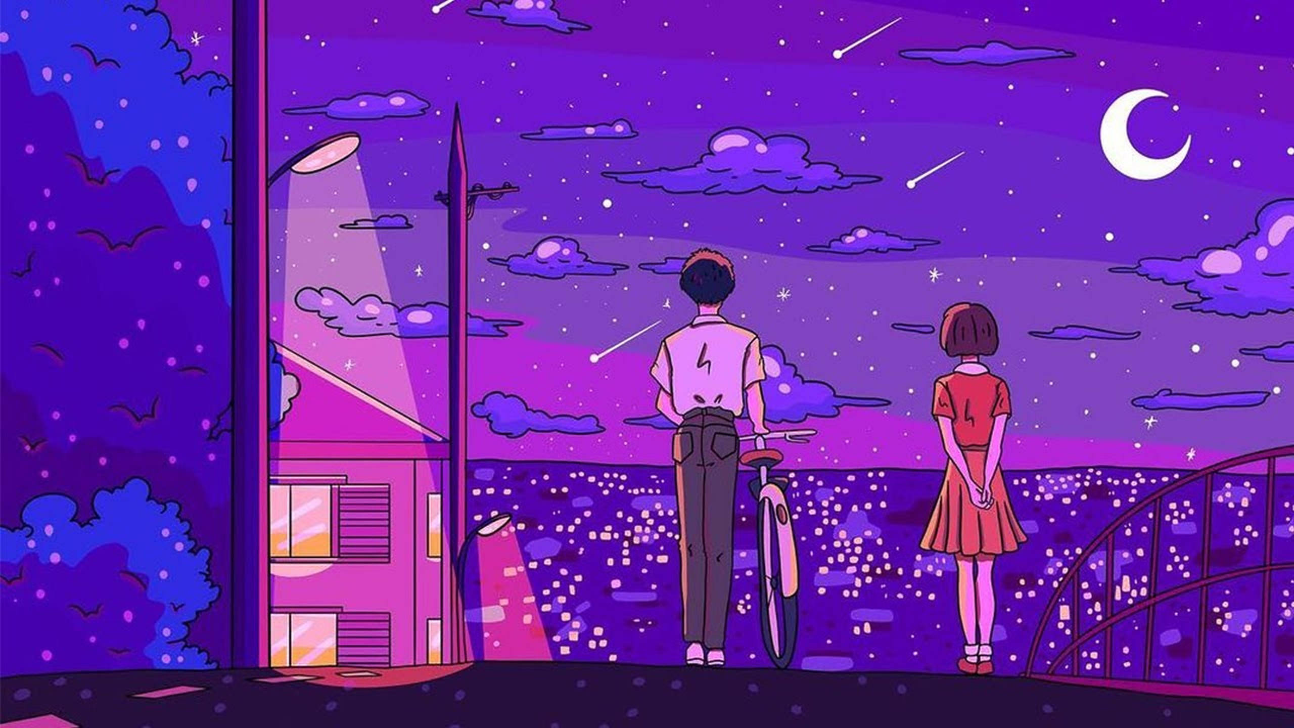 愛情藝術 桌布 壁紙 — 兩個身影在夜晚站在橋上，凝視著充滿星星和新月的鮮豔紫色天空。