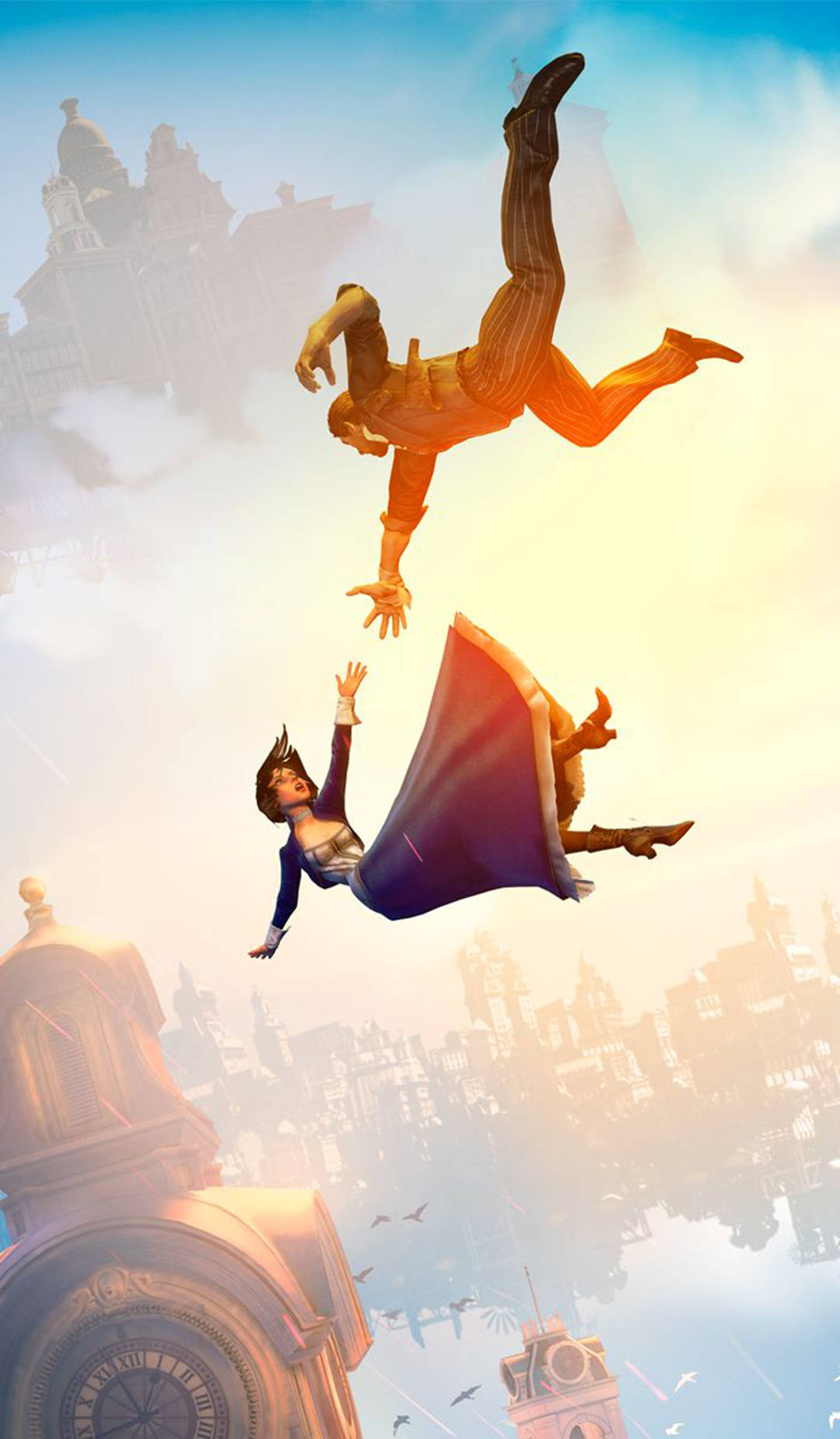 Bioshock Infinite iPhone 桌布 壁紙 — 兩個身影在夢幻般的天空中翱翔，下方是浮動的城市景觀，有華麗的鐘樓和鳥兒，沐浴在金色的日落光芒中。