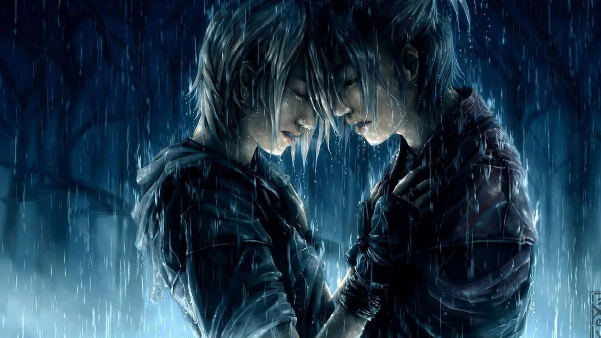 動漫 桌布 壁紙 — 兩個身影在深藍色森林中於大雨下擁抱，臉龐靠近，呈現溫柔一刻。
