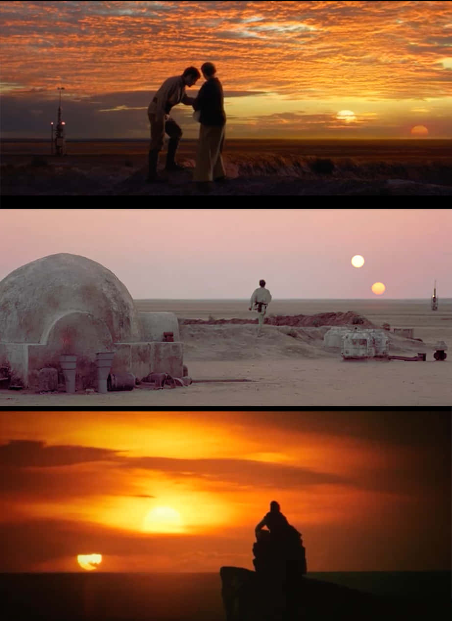 Tatooine 桌布 壁紙 — 兩個身影在熾熱的雙重日落下擁抱，背景是沙漠星球上的圓頂建築和一個孤獨的身影凝視地平線。