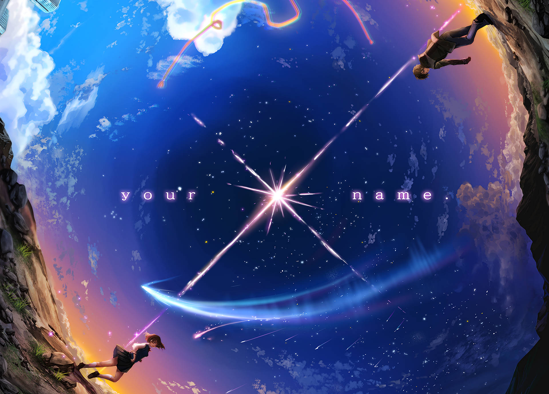 你的名字 桌布 壁紙 — 兩個身影從懸崖邊緣躍入充滿星星和發光軌跡的宇宙天空，下方是充滿活力的暮色。