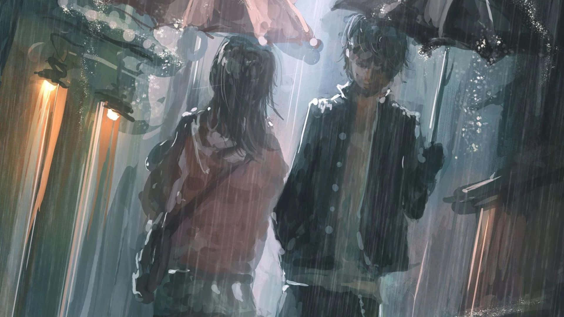 動漫 桌布 壁紙 — 兩個身影撐著傘，在溫暖街燈照亮的大雨中行走，營造出充滿氛圍感的城市場景。