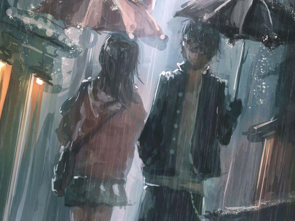 動漫 桌布 壁紙 — 兩個身影撐著傘在昏暗的街道上穿過大雨，街道上有發光的燈籠。