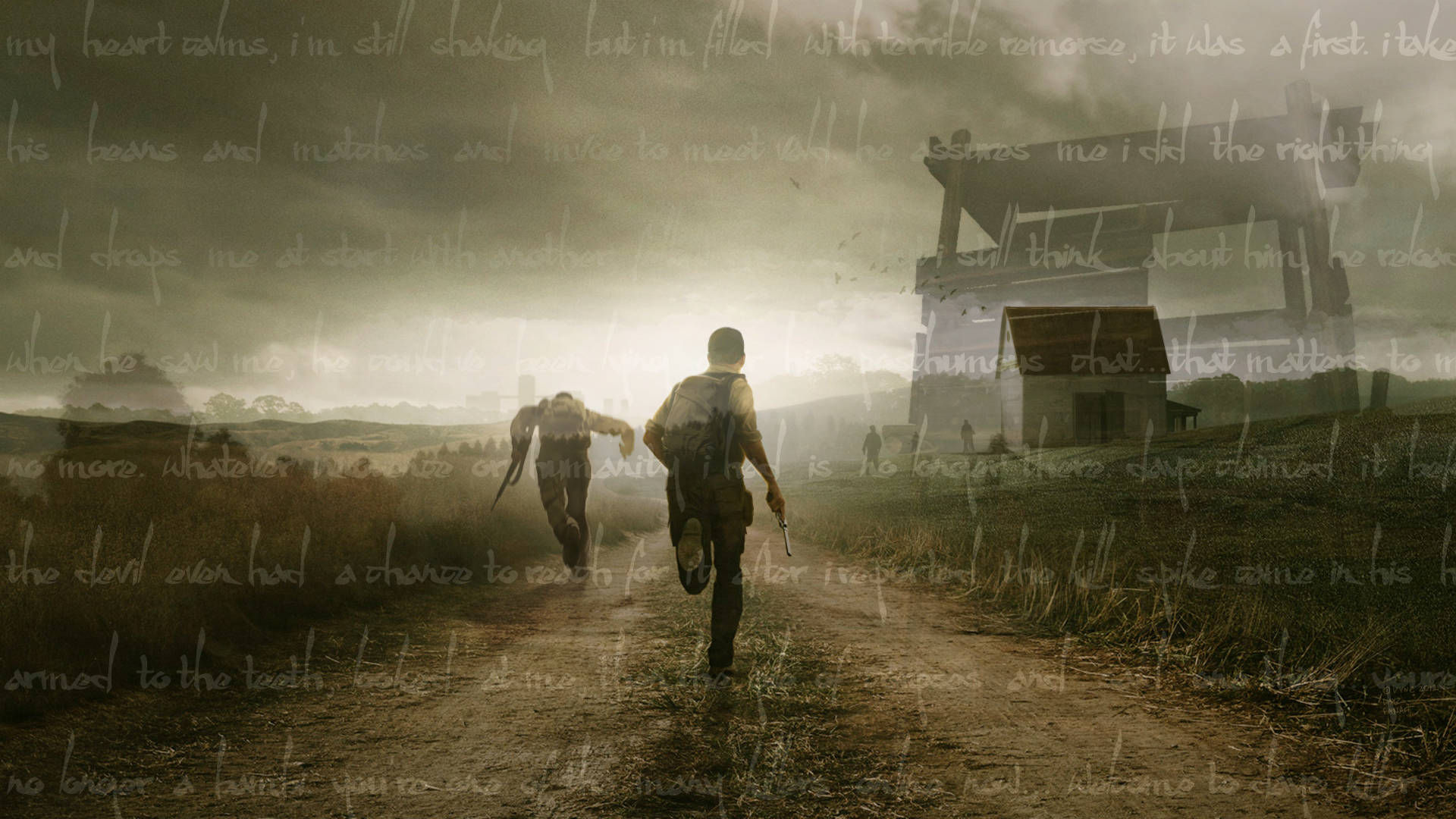DayZ 桌布 壁紙 — 兩個身影穿過霧氣瀰漫的鄉間田野，奔向一座破舊的農舍，天空風雨交加，並帶有鬼魅般的文字疊加。