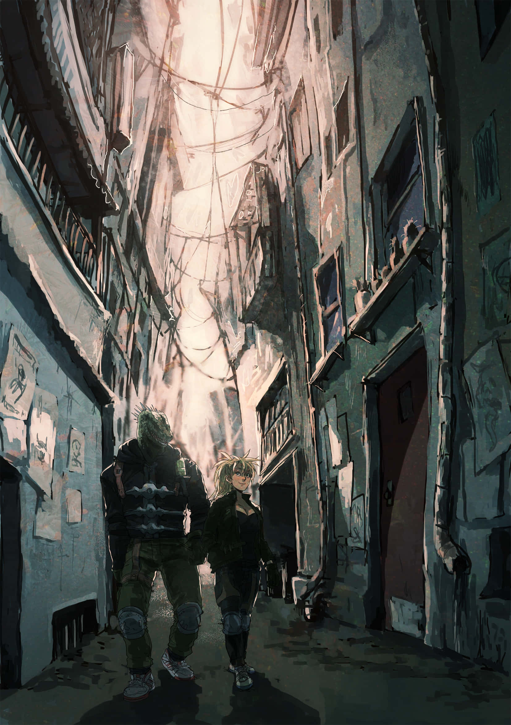 dorohedoro 桌布 壁紙 — 兩個身影穿過高樓之間一條狹窄破舊的小巷，頭頂是發光的網狀天空。