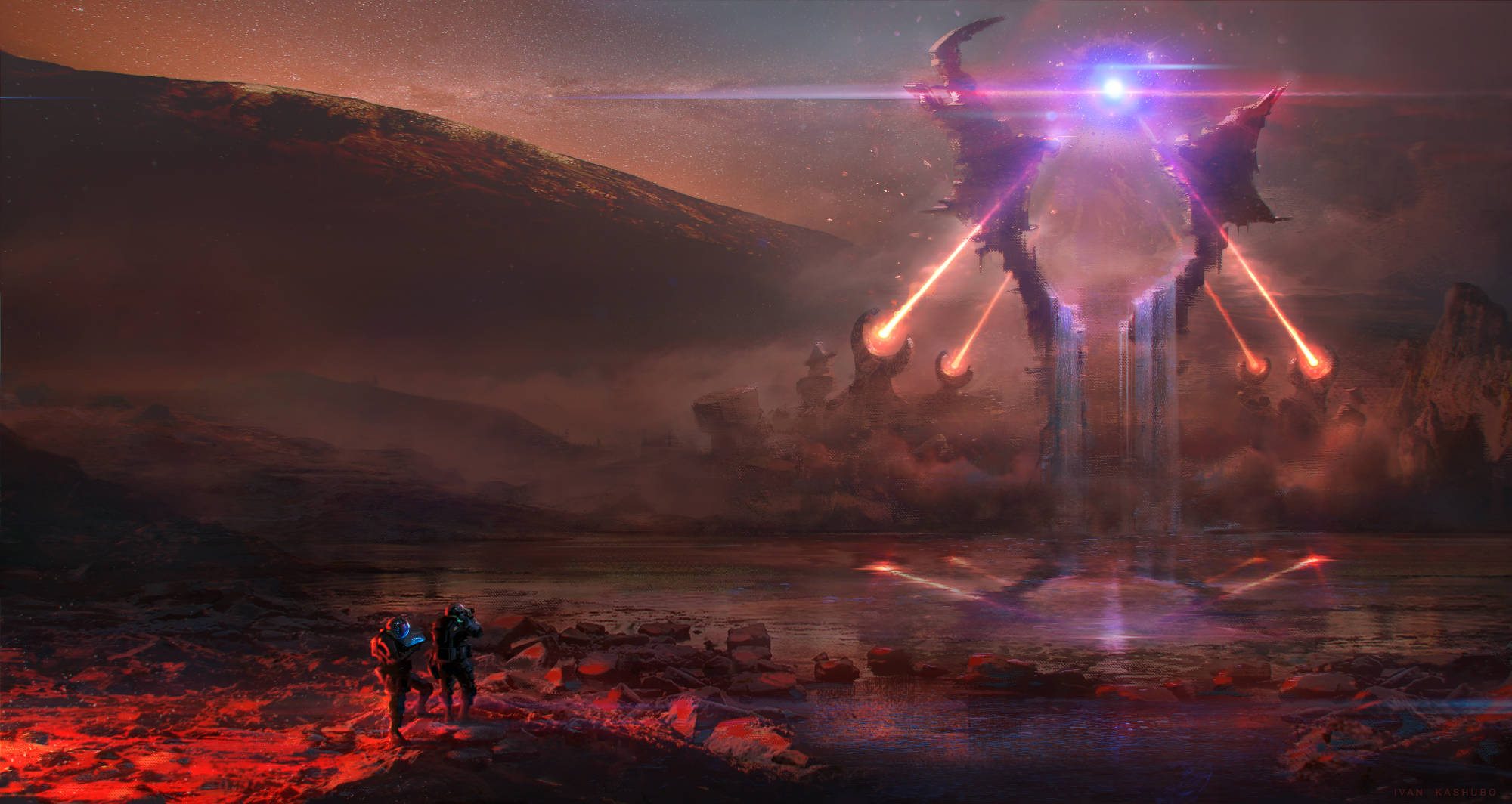 Sci Fi Landscape 桌布 壁紙 — 兩個身影站在一個巨大的發光外星結構前，該結構在黃昏時分向深紅色的外星景觀發射光束。