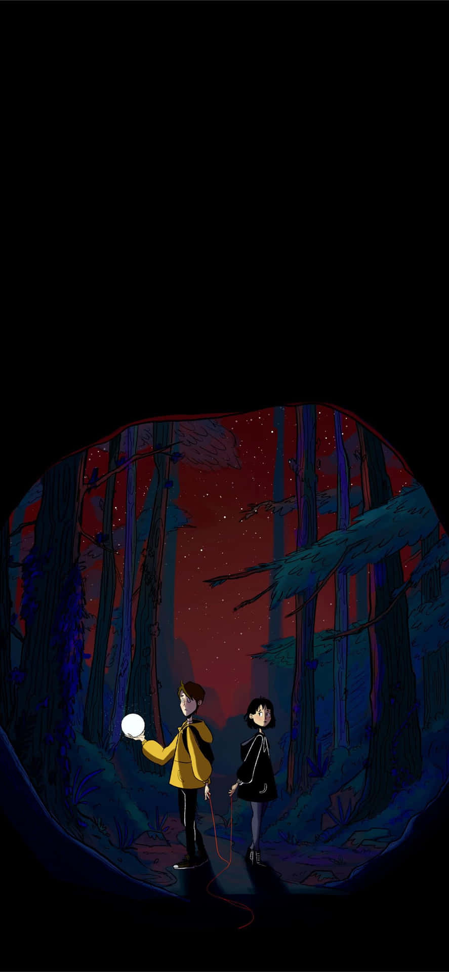 兩個動漫角色在夜晚的黑暗森林中，其中一個手持發光球體。 — 卡通 iPhone 壁紙 壁紙