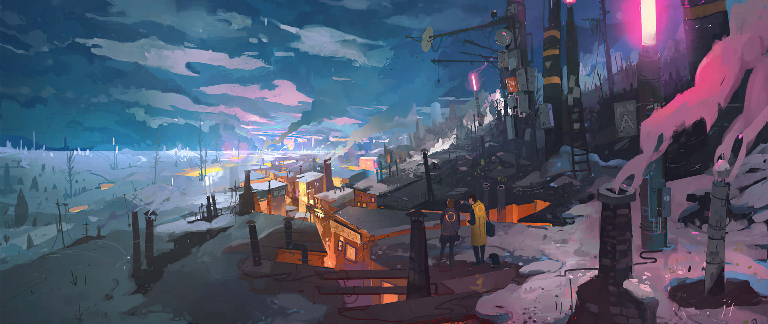 Art 2560x1080 桌布 壁紙 — 兩個身影站在被雪覆蓋、霓虹燈照亮的工業廢墟中，天空是帶有粉紅色和藍色雲彩的暮色。