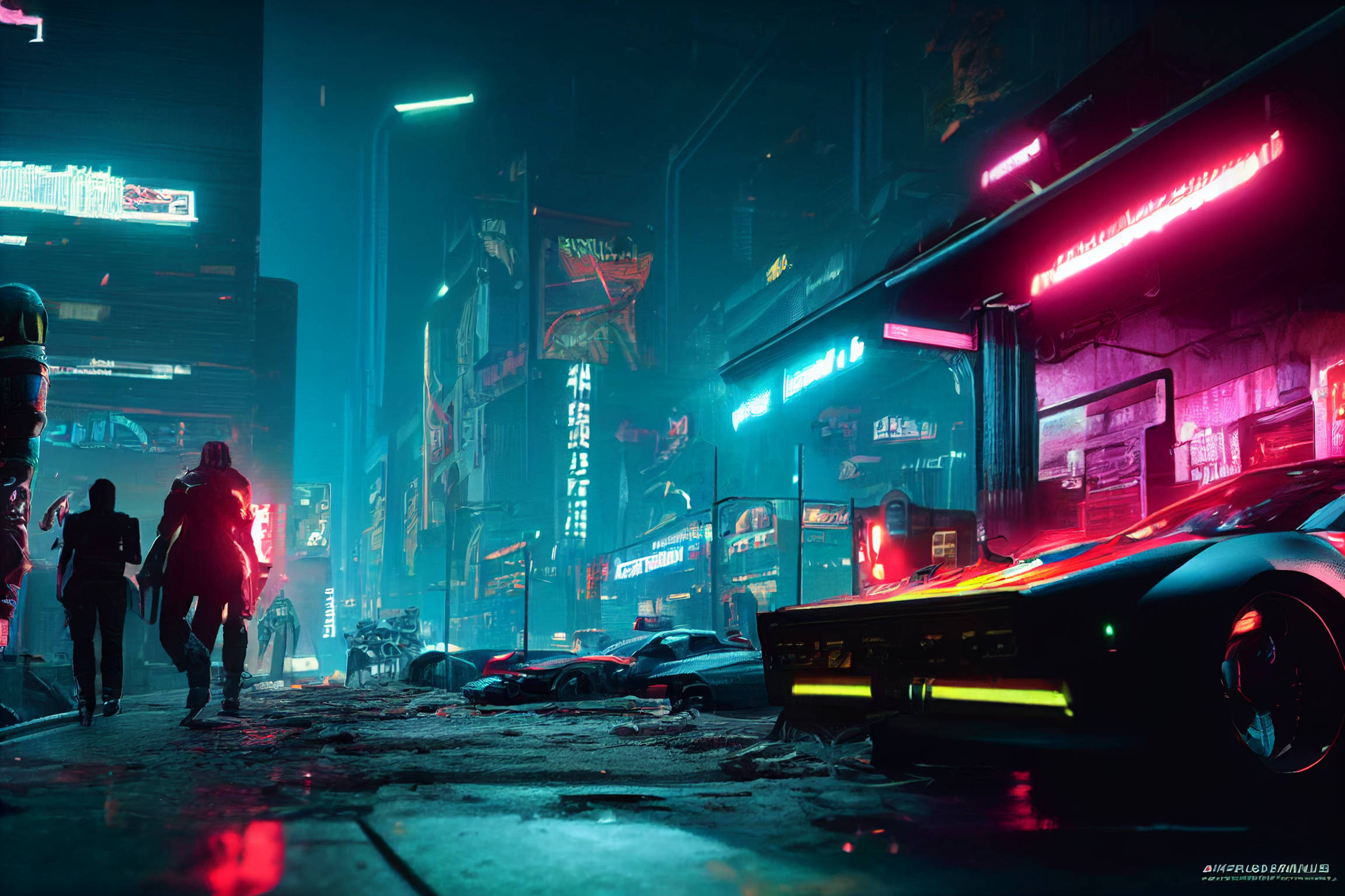Cyberpunk Desktop 桌布 壁紙 — 兩個身影走過一條被雨水浸濕、充滿霓虹燈的 cyberpunk 小巷，經過發光的廣告牌和未來主義的汽車。
