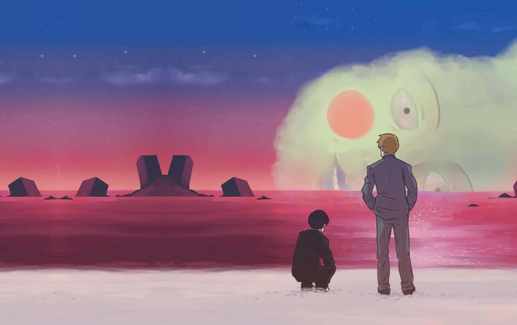 Arataka Reigen 桌布 壁紙 — 兩個身影驚奇地凝視著一個巨大的發光生物，在星空下，從超現實的粉紅色和紫色外星景觀中升起。