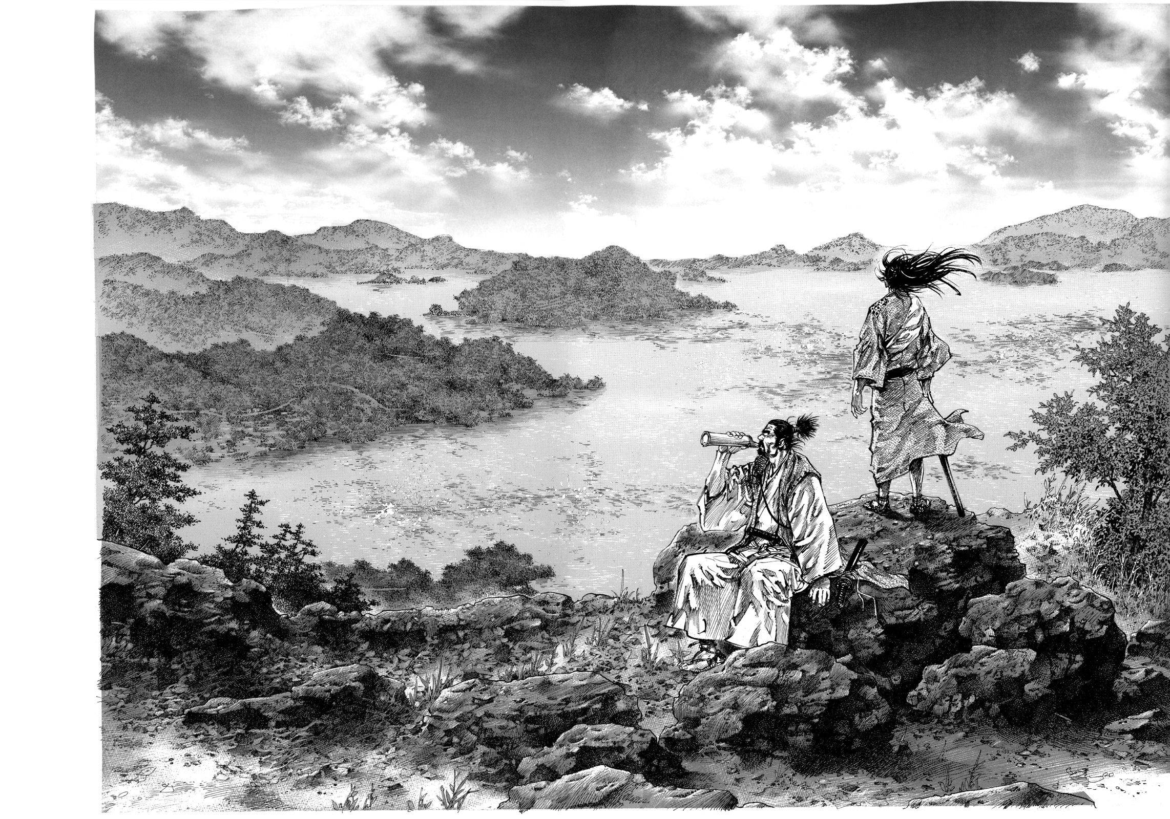 Vagabond 桌布 壁紙 — 兩個身穿傳統長袍的人物坐在岩石峭壁上，俯瞰著廣闊的湖泊和遠山，天空多雲。