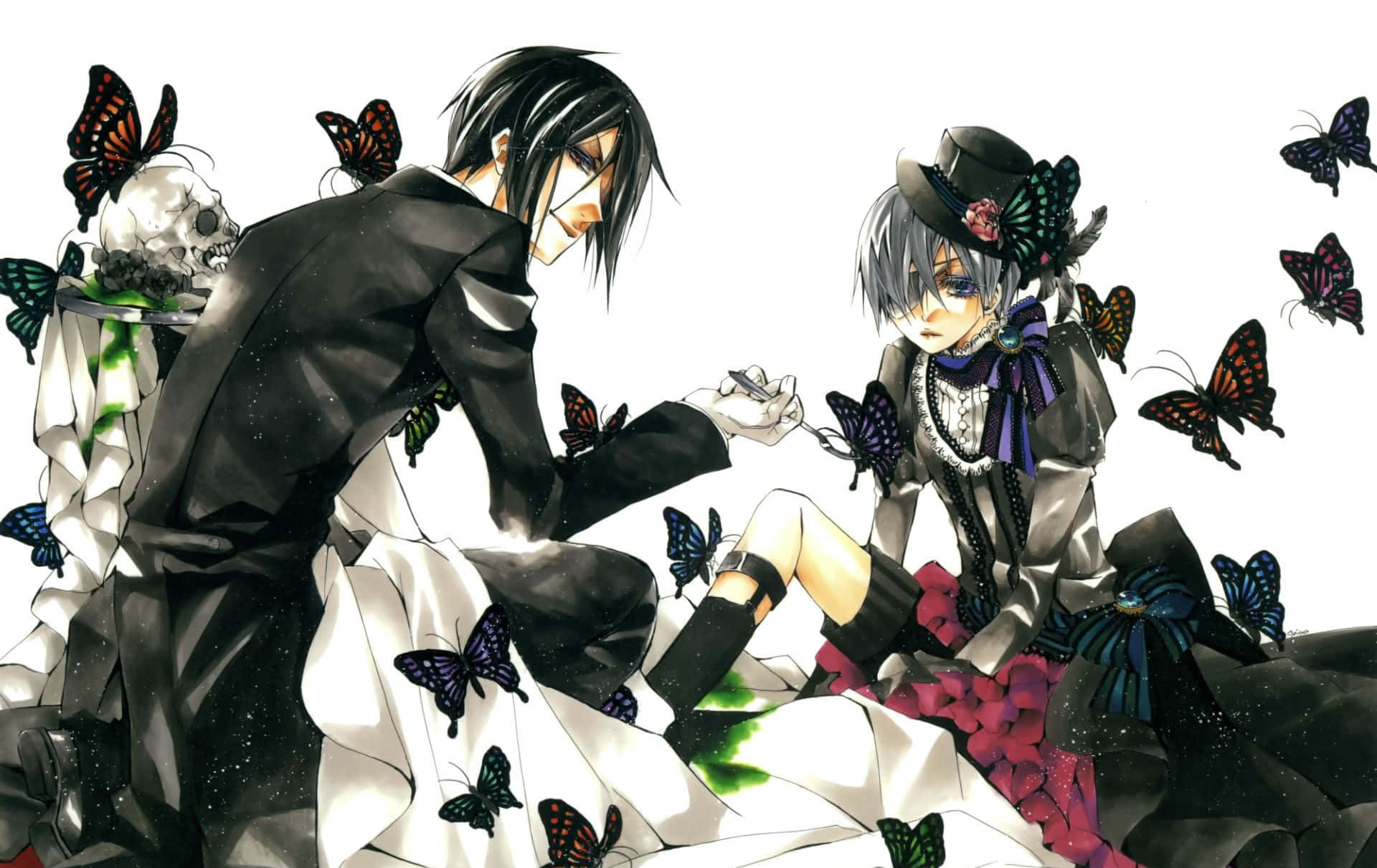 Black Butler 桌布 壁紙 — 兩個身穿哥德式服裝的動漫角色坐在旋轉的黑色和橙色蝴蝶中，旁邊有一個骷髏頭。