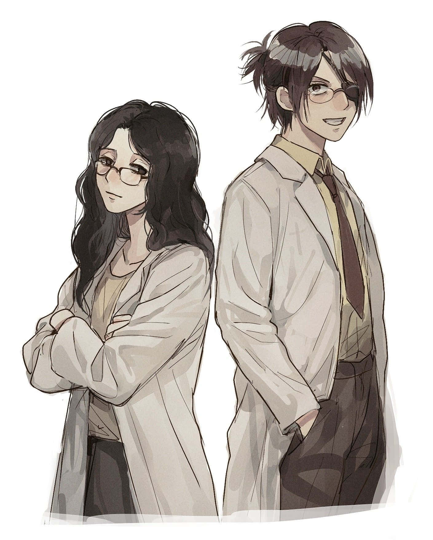 Pieck Finger 桌布 壁紙 — 兩個身穿實驗室外套的動漫角色背靠背站立，一個咧嘴笑，另一個交叉雙臂，兩人都戴著眼鏡。