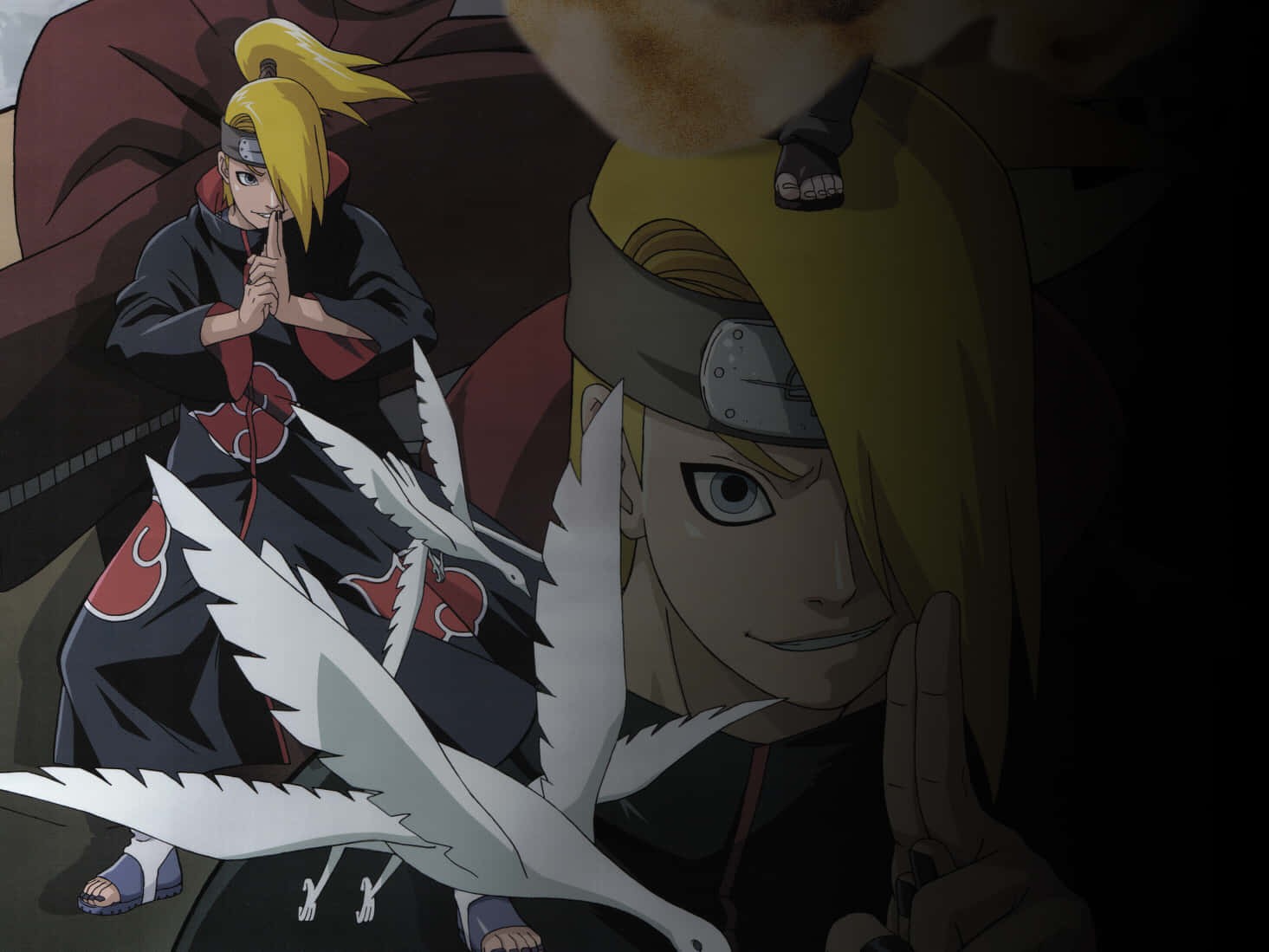 Akatsuki X Deidara 桌布 壁紙 — 兩個身穿帶有紅色雲紋深色斗篷的動漫角色，在陰暗色調中於白鳥旁靜默地做手勢。