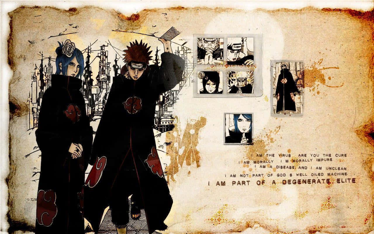 Yahiko 桌布 壁紙 — 兩個身穿帶有紅色雲紋黑色斗篷的動漫角色，站在一幅由肖像和文字組成的拼貼畫前，背景是陳舊的羊皮紙。