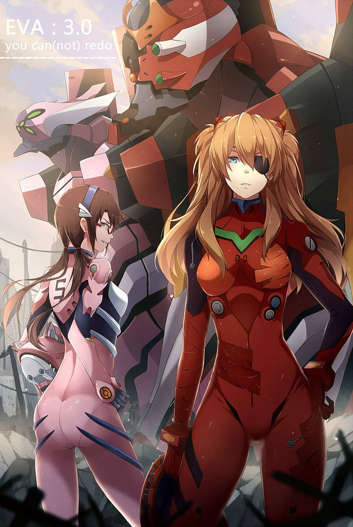 Evangelion Phone 桌布 壁紙 — 兩個身穿彩色插頭服的動漫女孩站在廢墟城市景觀中的巨型生物機械機甲前。