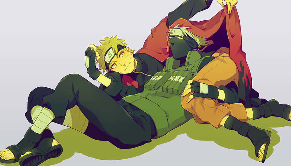 Kakashi And Naruto 桌布 壁紙 — 兩個身穿忍者裝備的動漫角色在帶有柔和陰影的純色背景上動態擺姿勢。