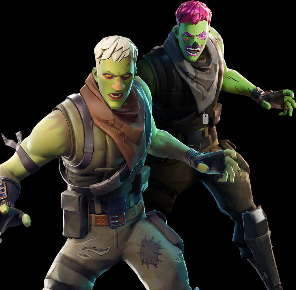 Fortnite Character 桌布 壁紙 — 兩個身穿戰術裝備、皮膚綠色的Fortnite角色在黑色背景下擺出挑釁姿勢。