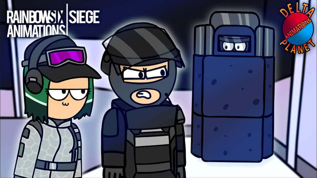 Rainbow Six Siege Rook 桌布 壁紙 — 兩個身穿戰術裝備的卡通特工站在一個藍色裝甲機器人旁邊，機器人有大眼睛，場景是風格化的遊戲設定。