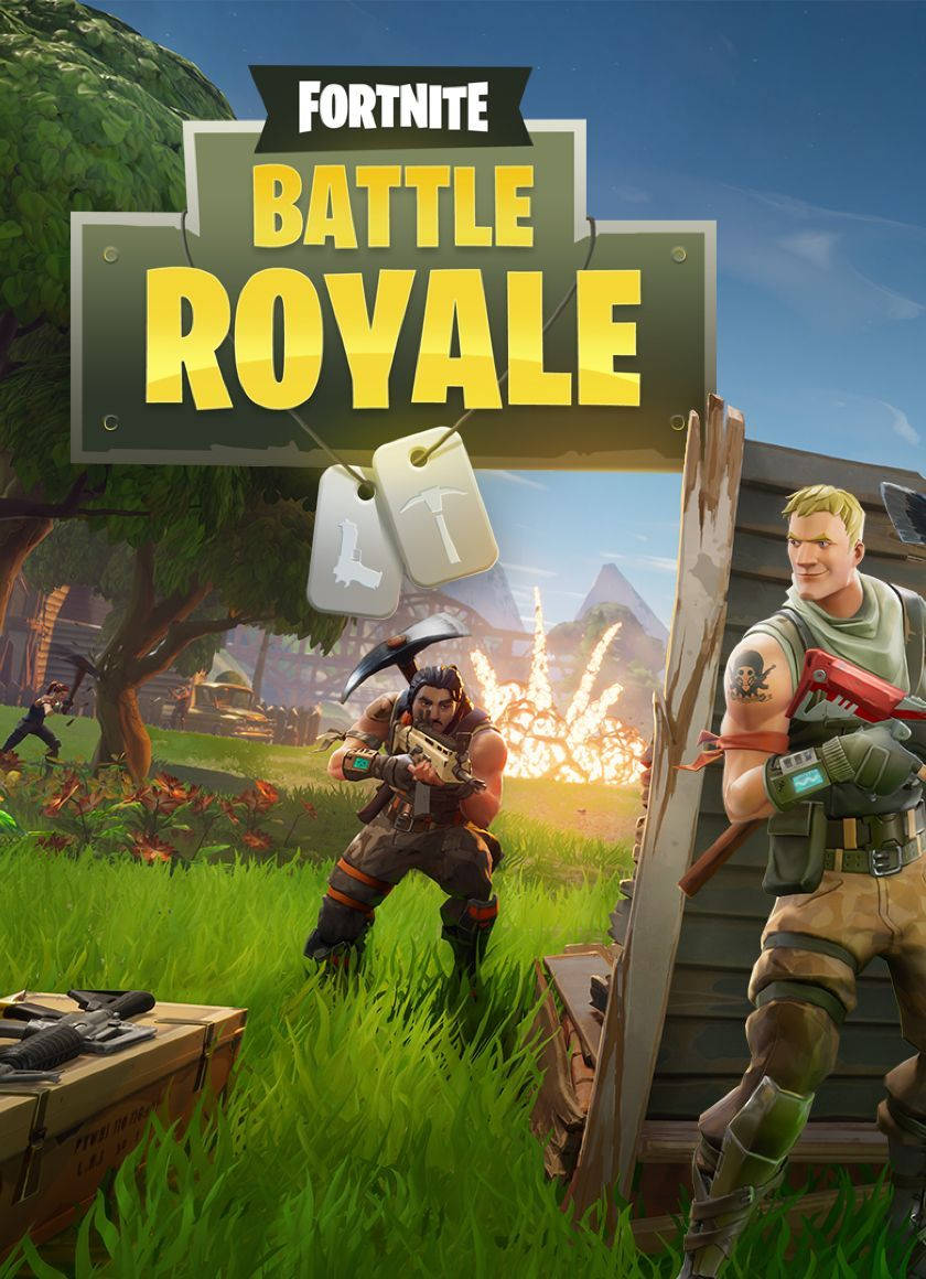 Fortnite 桌布 壁紙 — 兩個身穿戰鬥裝備的 Fortnite 角色站在草地上，背景有一個大型遊戲標誌和爆炸。