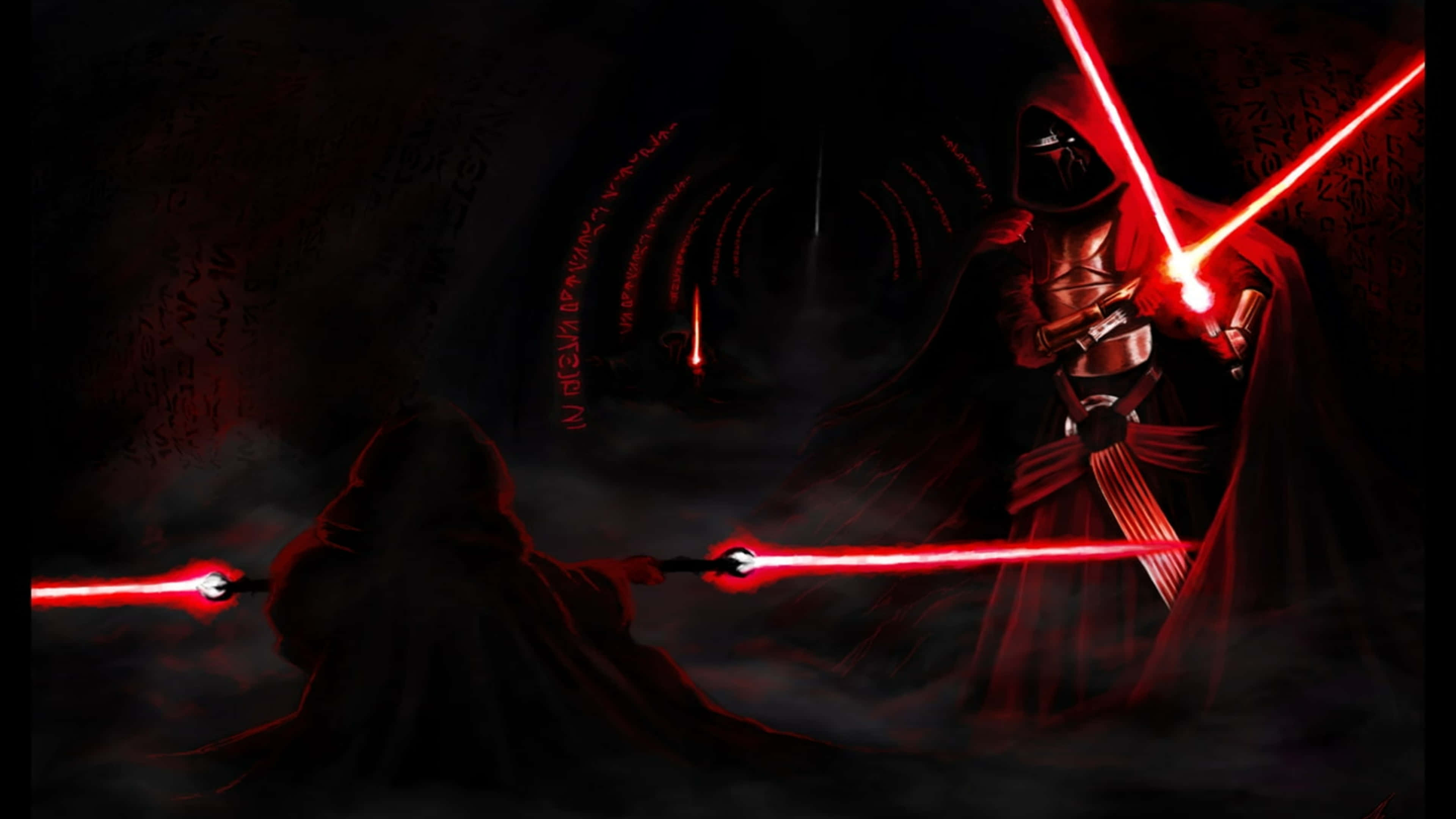 Darth Revan 4K 桌布 壁紙 — 兩個身穿斗篷的身影在一個黑暗、霧氣瀰漫的房間中，用紅色光劍決鬥，牆上刻有發光的符文。