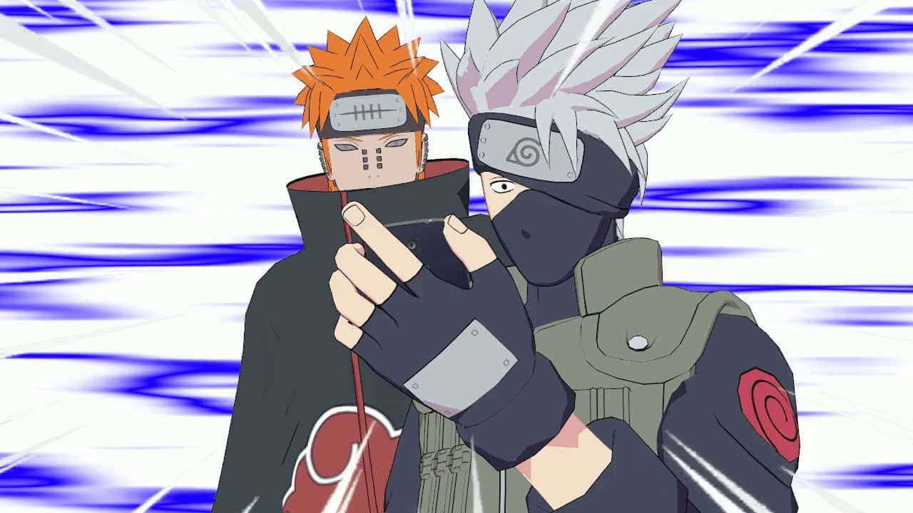 Kakashi And Pain 桌布 壁紙 — 兩個身穿曉組織斗篷的動漫忍者角色，站在動態藍白運動模糊背景前。