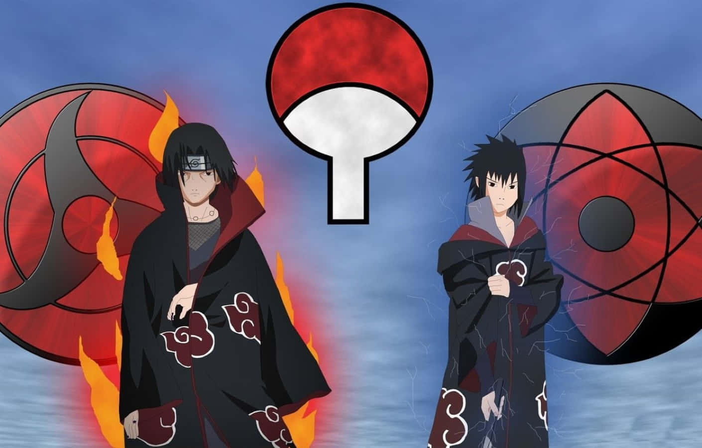 Akatsuki Ninja 桌布 壁紙 — 兩個身穿曉組織斗篷的動漫忍者面對面站立，寫輪眼和輪迴眼在陰雲密布的天空下發光。