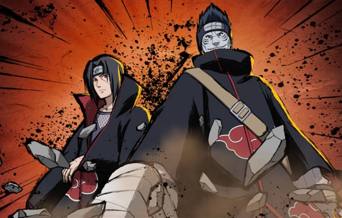 Itachi And Kisame 桌布 壁紙 — 兩個身穿曉組織斗篷的動漫角色，在帶有黑色飛濺的熾熱橙色背景中，站在破碎的石頭之間。