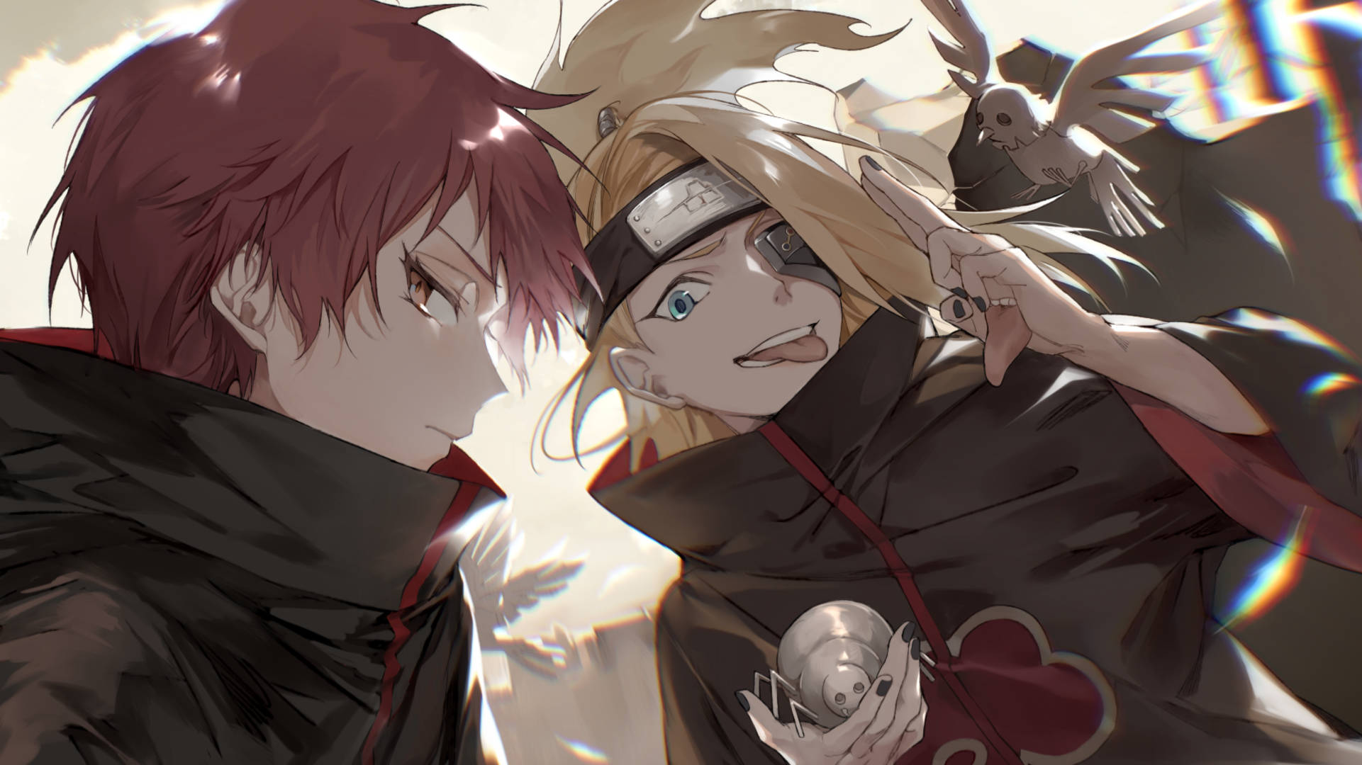 Sasori 桌布 壁紙 — 兩個身穿曉組織斗篷的動漫角色以強烈的表情對峙，附近有一隻鳥在飛翔。