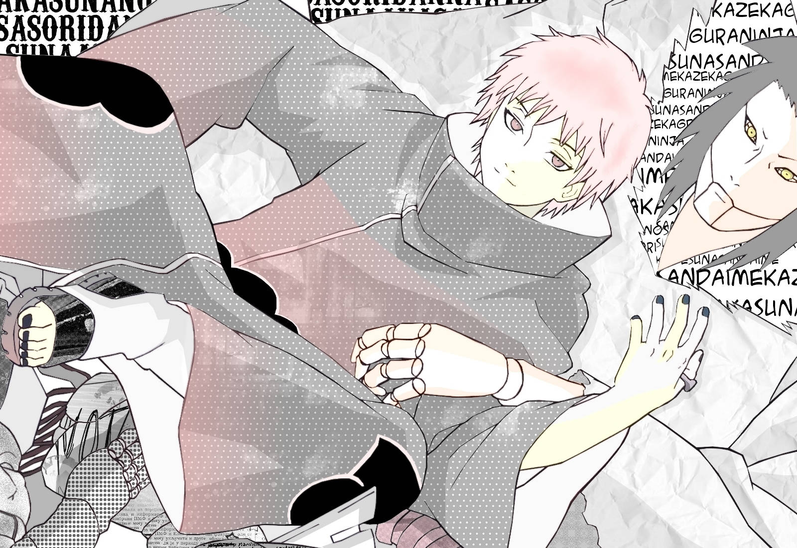 Sasori 桌布 壁紙 — 兩個身穿曉組織斗篷的動漫角色纏繞在皺巴巴的紙上，周圍漂浮著日文字。
