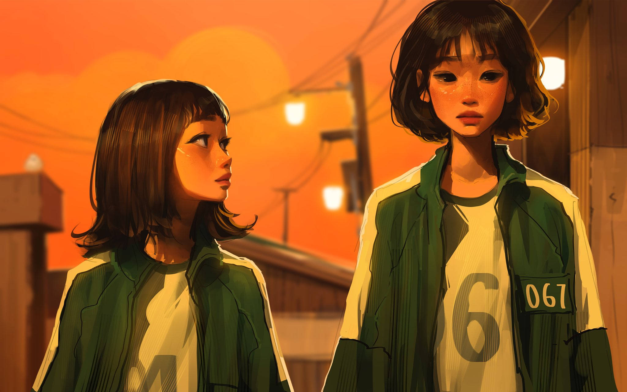 game 桌布 壁紙 — 兩個身穿有號碼綠色外套的動漫女孩，在溫暖的路燈下，背景是橙色的日落天空。