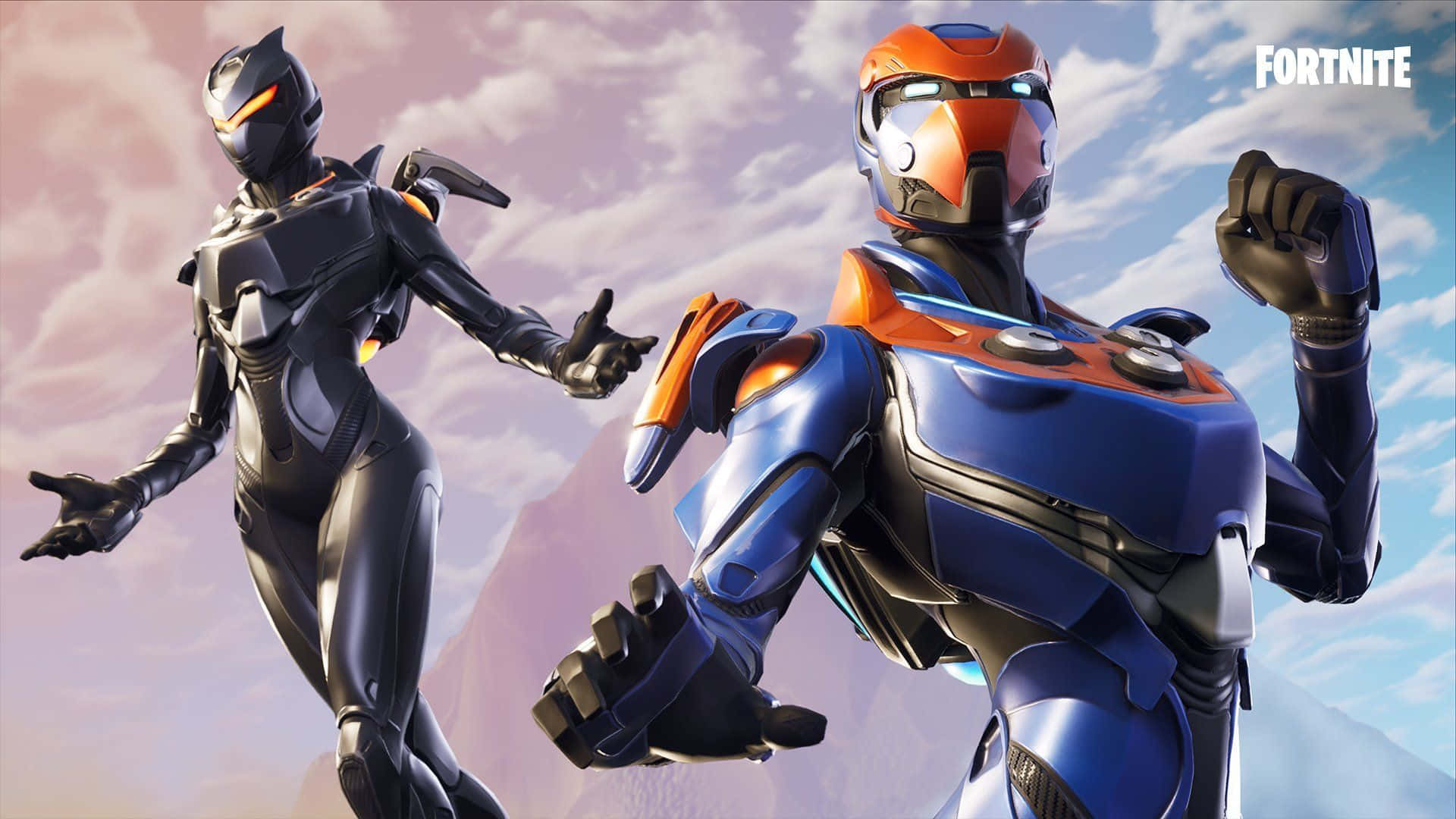 Fortnite 桌布 壁紙 — 兩個身穿未來盔甲的 Fortnite 角色在柔和粉彩天空和遠山背景下動態擺姿勢。