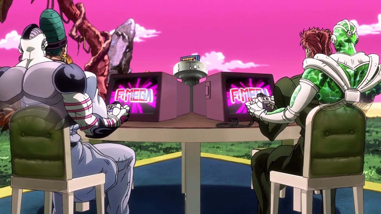 Jojo's Bizarre Adventure Atum 桌布 壁紙 — 兩個身穿未來盔甲的動漫角色在超現實的粉紅色天空下，於桌子上玩電子遊戲。