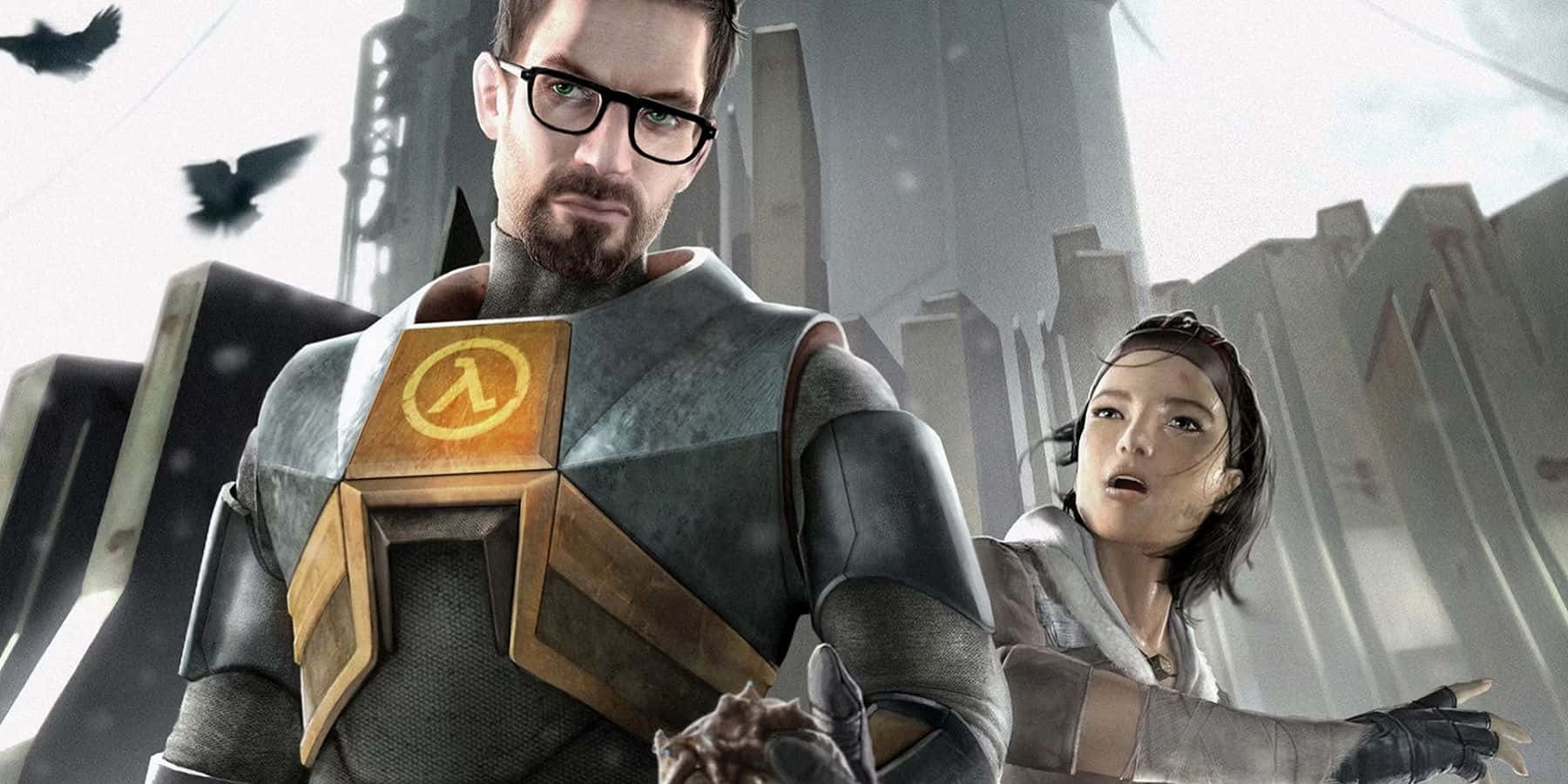 Half-life Characters 桌布 壁紙 — 兩個身穿未來盔甲的角色站在廢墟城市景觀中，鳥兒在頭頂飛翔。