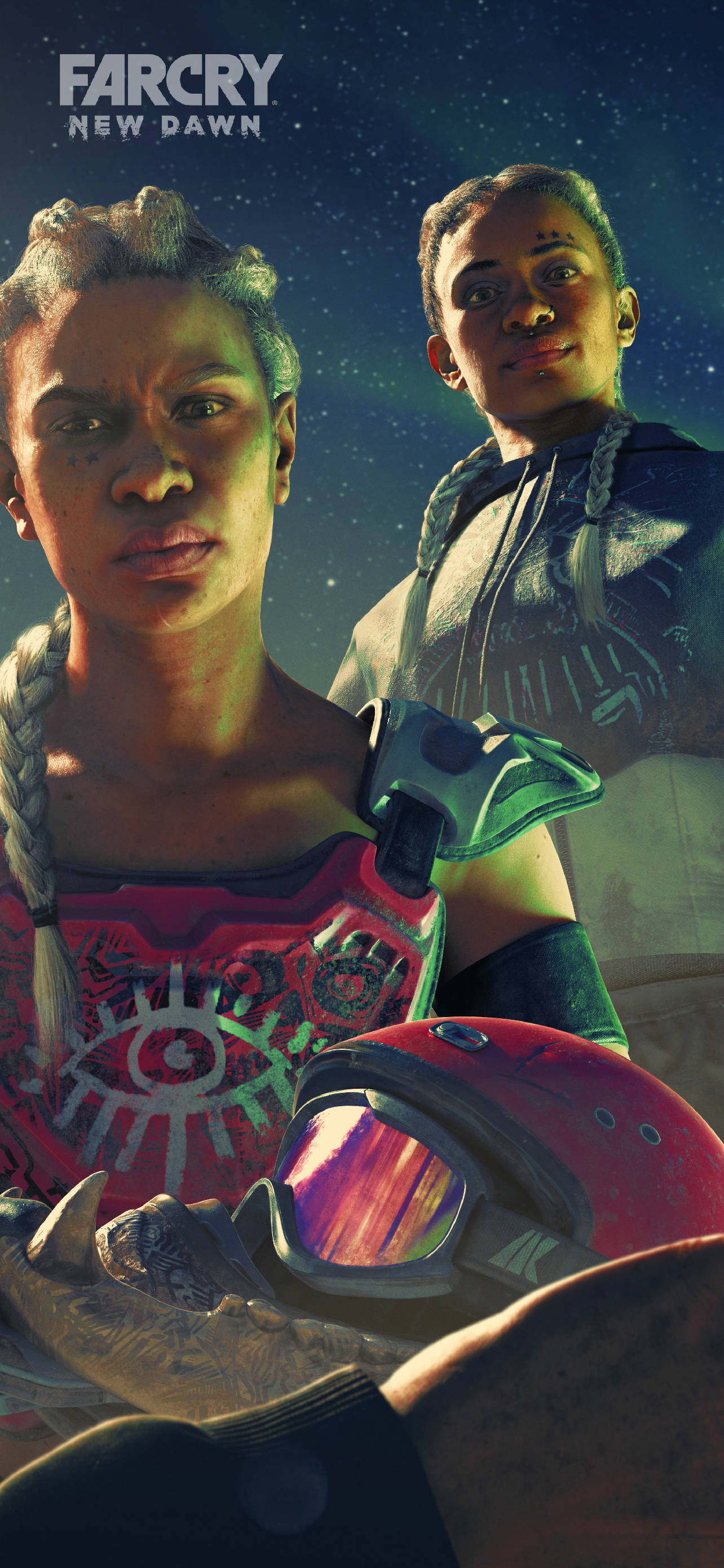 far cry iPhone 桌布 壁紙 — 兩個身穿未來裝備的粗獷倖存者站在繁星點點的夜空下，前景有一個紅色頭盔和護目鏡。