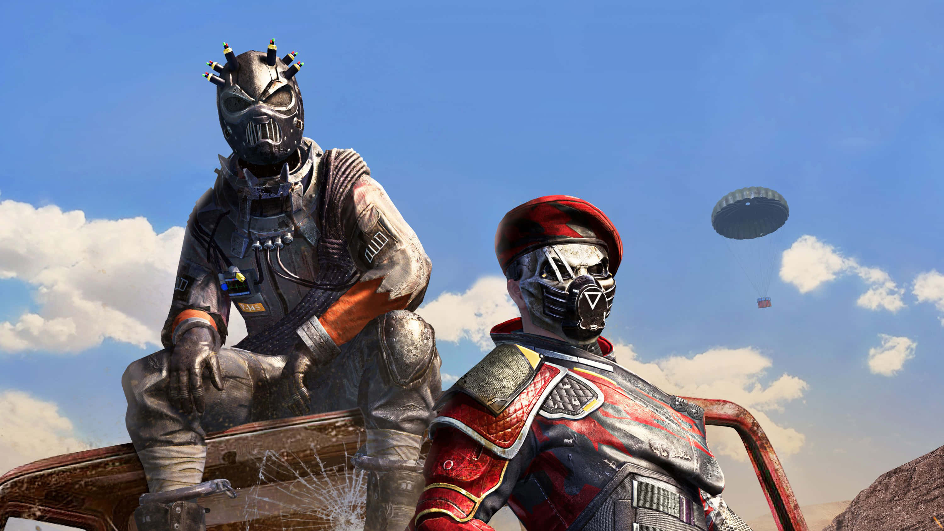 Pubg Banner 桌布 壁紙 — 兩個身穿未來裝備的裝甲人物坐在一輛生鏽的車輛上，背景是明亮的藍天，遠處有一個正在跳傘的物體。