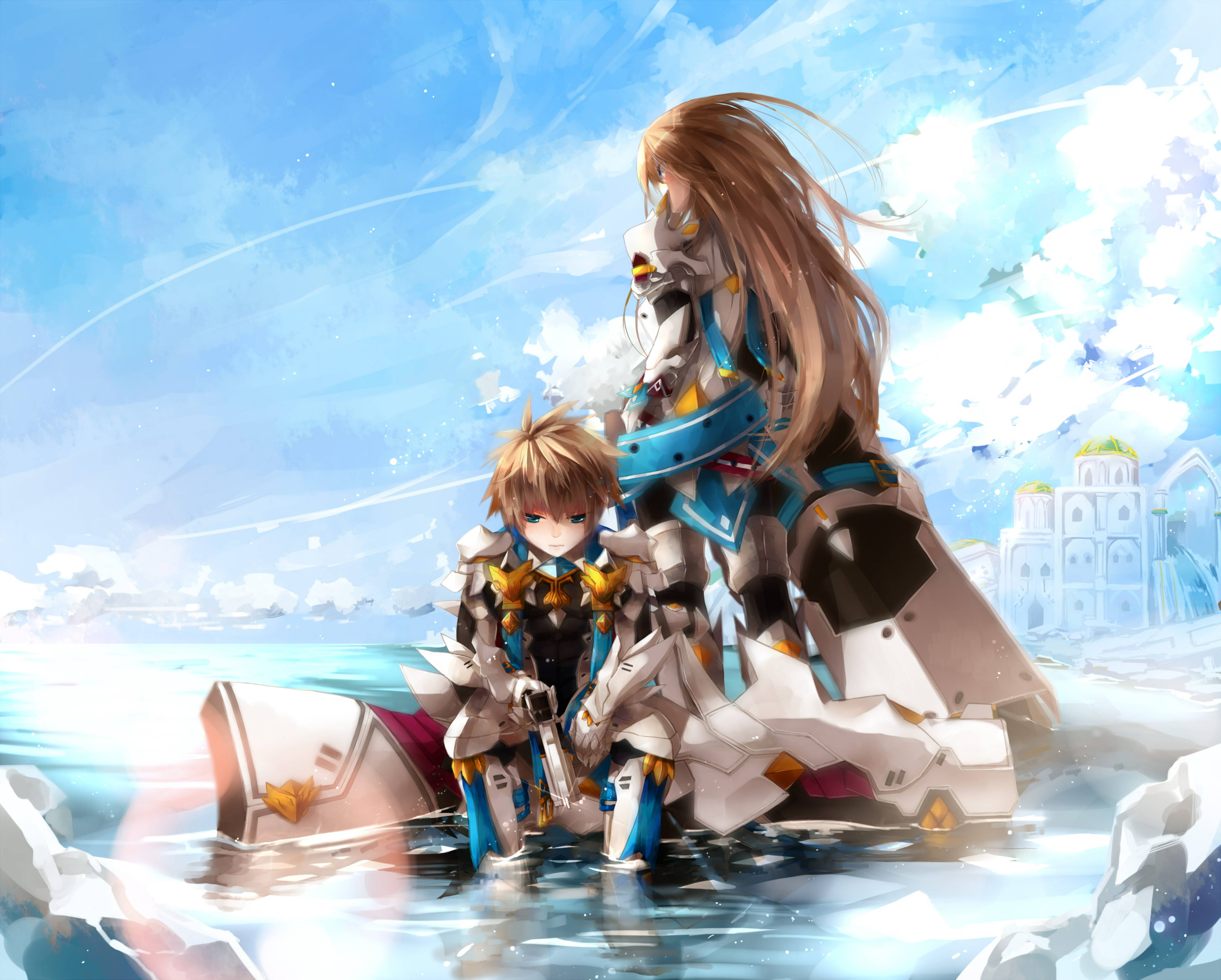 Elsword 桌布 壁紙 — 兩個身穿未來裝甲的動漫角色站在淺水中，旁邊是一架破損的機甲，背景是明亮的藍天和遠處的城堡狀建築。