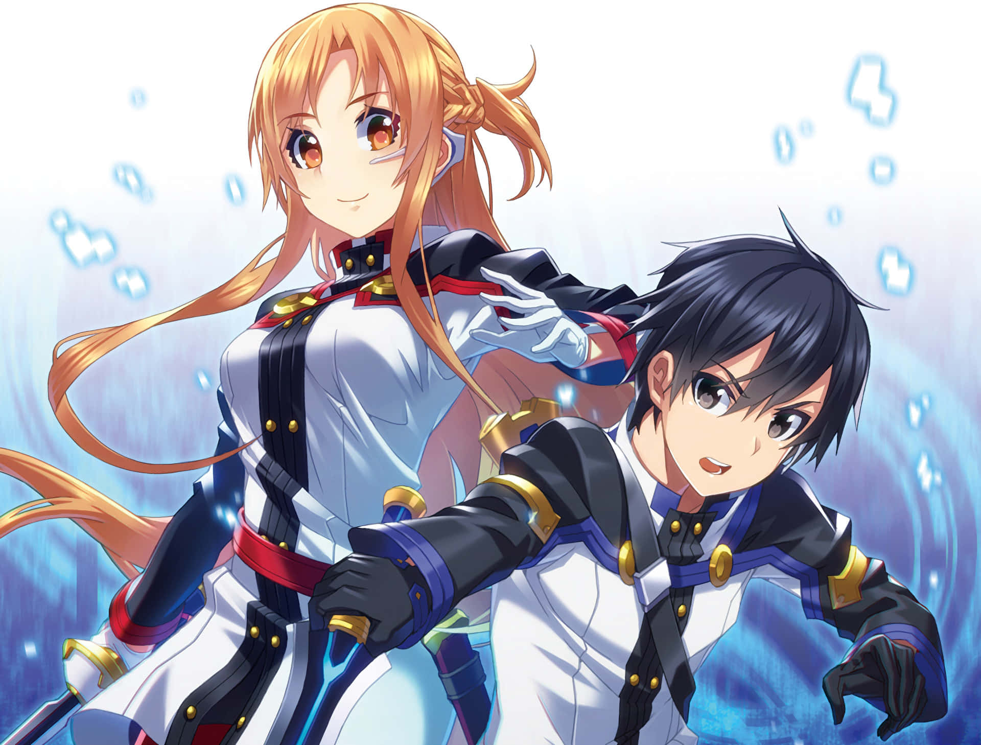Kazuto Kirigaya 桌布 壁紙 — 兩個身穿未來裝甲的動漫角色自信地站在發光藍色背景前，背景中有漂浮的氣泡。