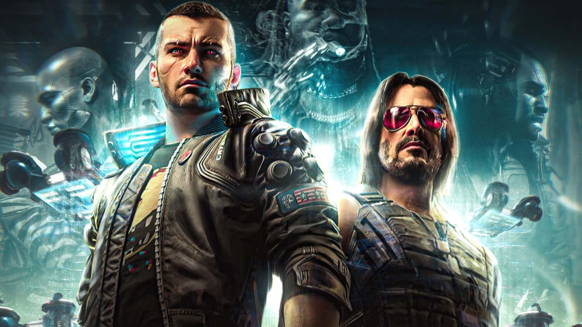 Cyberpunk 2077 Characters 桌布 壁紙 — 兩個身穿未來裝甲的賽博龐克主角，在全息面孔和科技的發光霓虹背景下挑釁地站立。