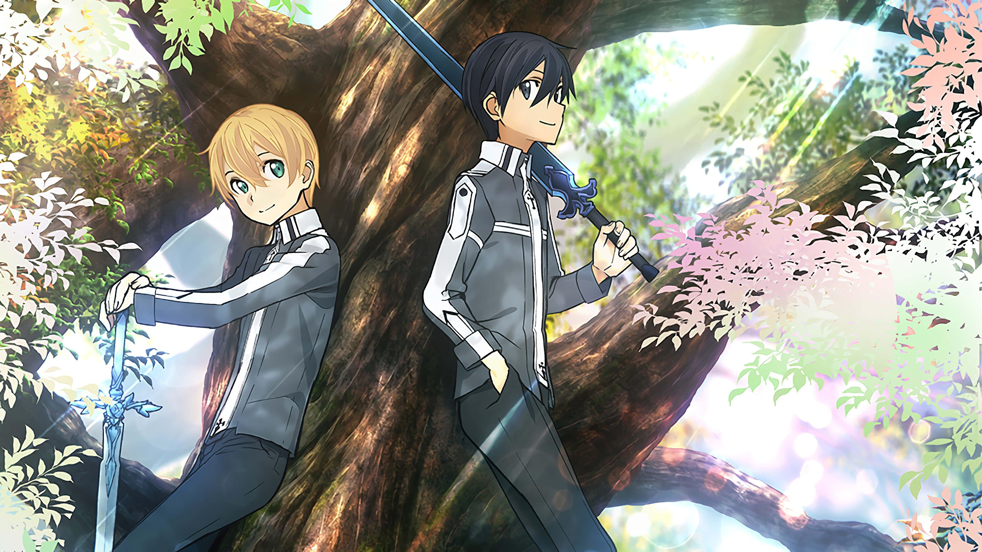 Sword Art Online Eugeo 桌布 壁紙 — 兩個身穿未來風格服裝的動畫男孩靠在一棵大樹上，在明亮的陽光穿過樹葉下手持發光的劍。