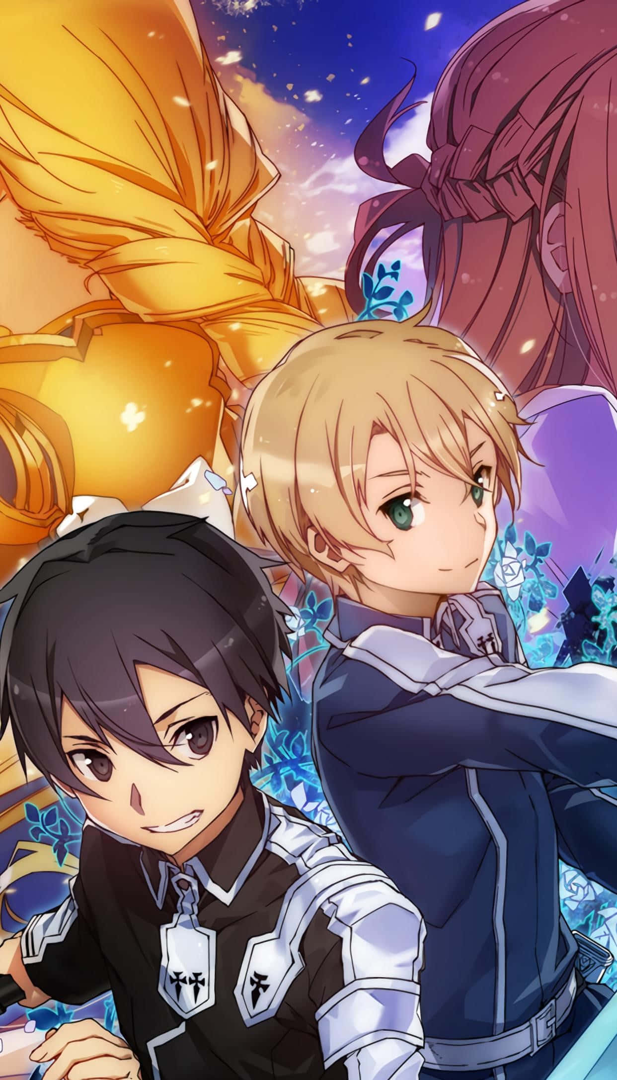 Sword Art Online Eugeo 桌布 壁紙 — 兩個身穿未來風格盔甲的動漫角色，站在星光暮色天空前，面對一個發光的金色有翼形象。