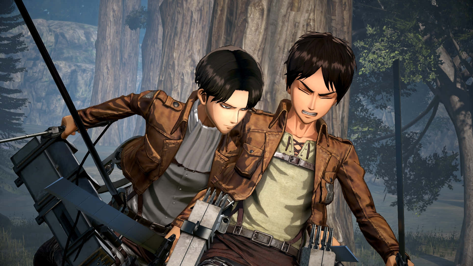 Attack On Titan Video Game 桌布 壁紙 — 兩個身穿棕色外套的動漫角色在森林中緊抓樹幹，身後是岩石峭壁。