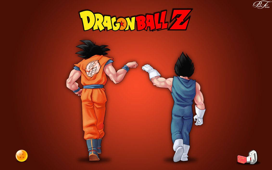 七龍珠Z 桌布 壁紙 — 兩個身穿橙色和藍色道服的動漫戰士在漸變紅色背景和七龍珠Z標誌前互相碰拳。