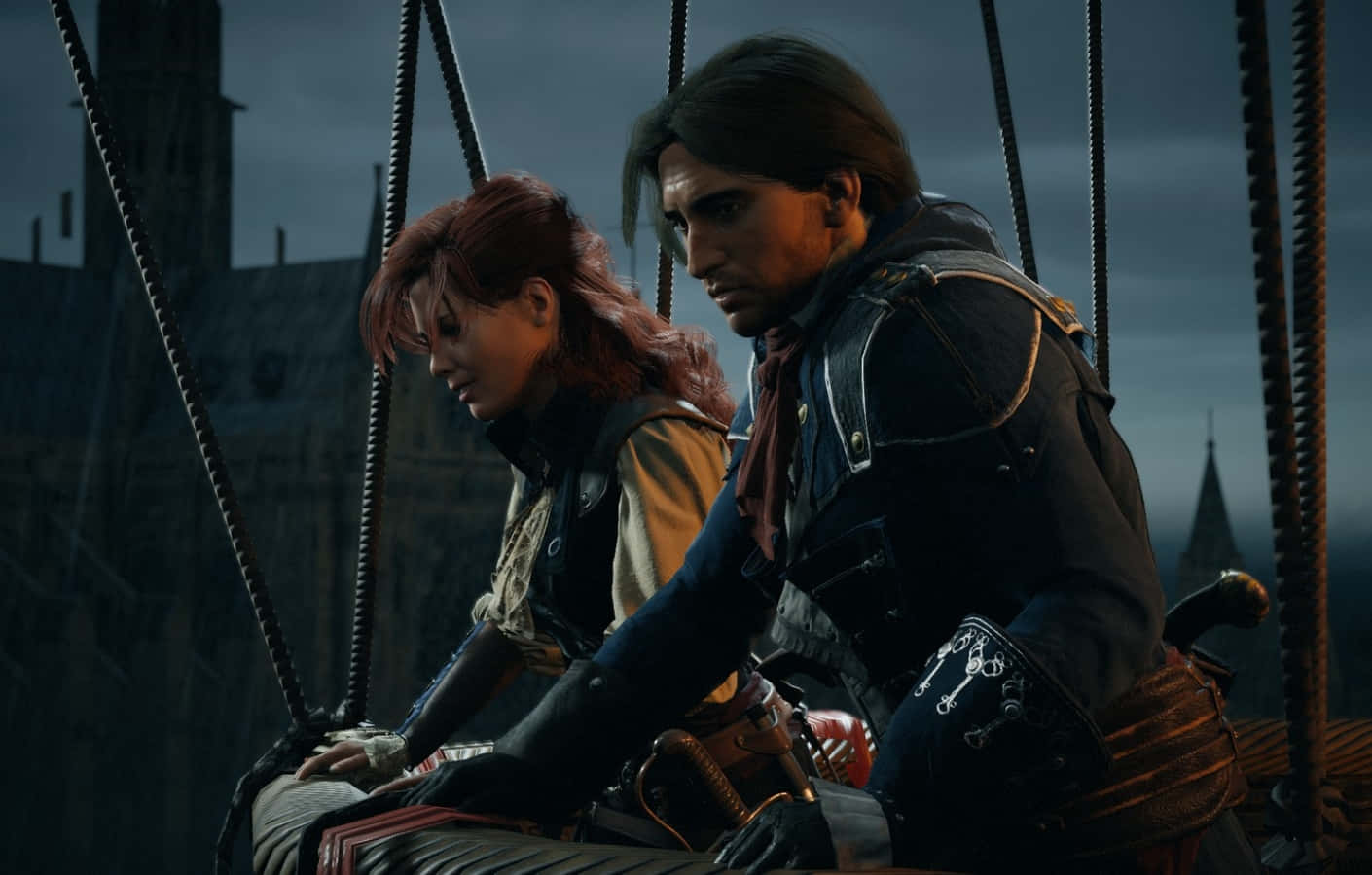 Arno Dorian 桌布 壁紙 — 兩個身穿歷史服飾的角色在黃昏時分並排坐在繩橋上，背景是陰沉的城市天際線。